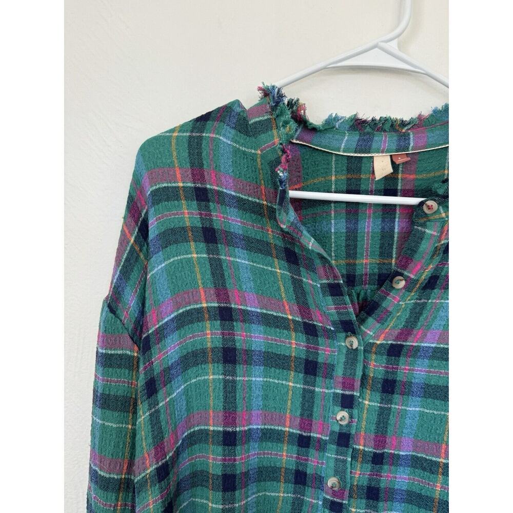 Anthropologie Pilcro Cropped Puff-Sleeve Soft Crinkle Green Plaid Blouse Small - Picture 8 of 13
